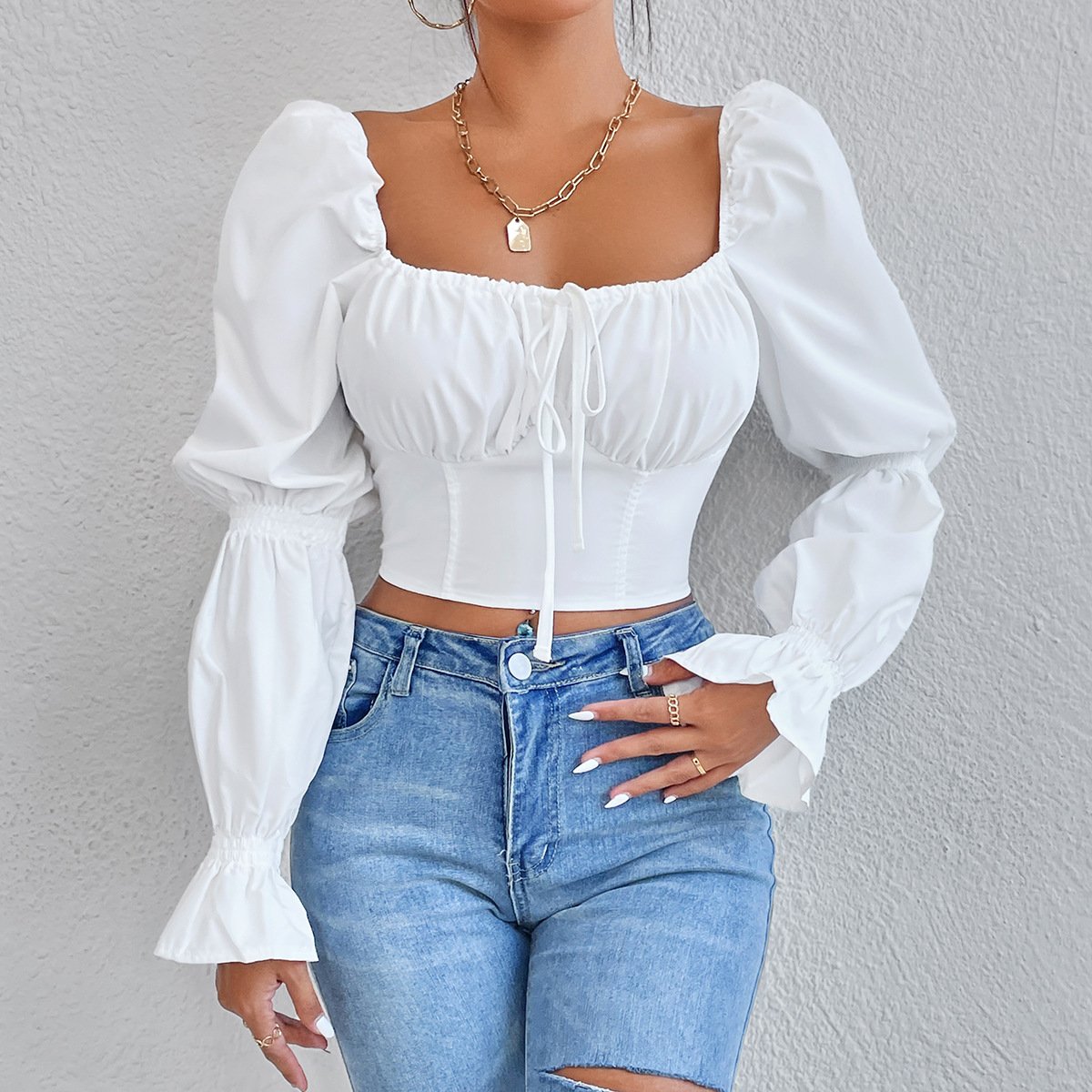 Pure White Long Sleeve Shirt With Lace Up Front And Zippered Back ...